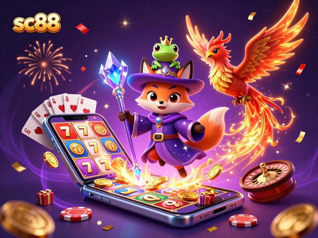 Engage with sc88 casino magic in this vibrant 3D scene featuring a wizard fox and gambling elements.