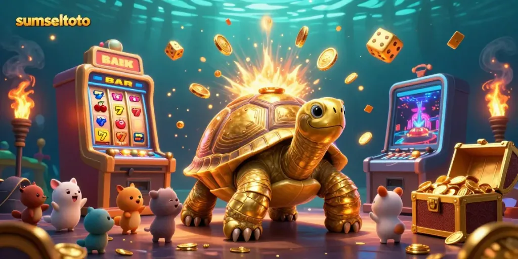 The spectacular sumseltoto illustration depicts a golden tortoise pinball machine surrounded by exciting casino elements and eager players.