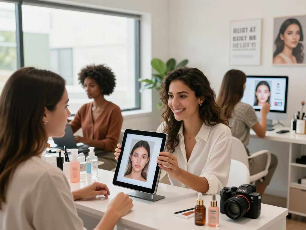 Test of attractiveness session in a modern beauty studio with diverse participants engaging with AI tools.