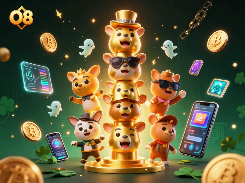 Join the excitement at O8 with vibrant casino elements and crypto links in a detailed 3D illustration.