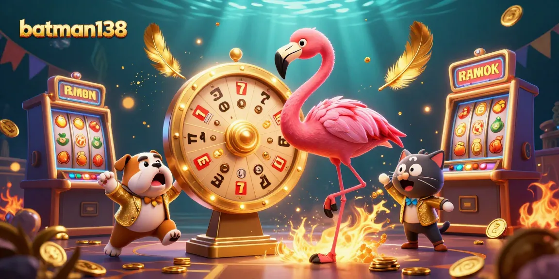 Engage in thrilling games at batman138 as the flamingo host spins the prize wheel amidst dazzling casino elements.