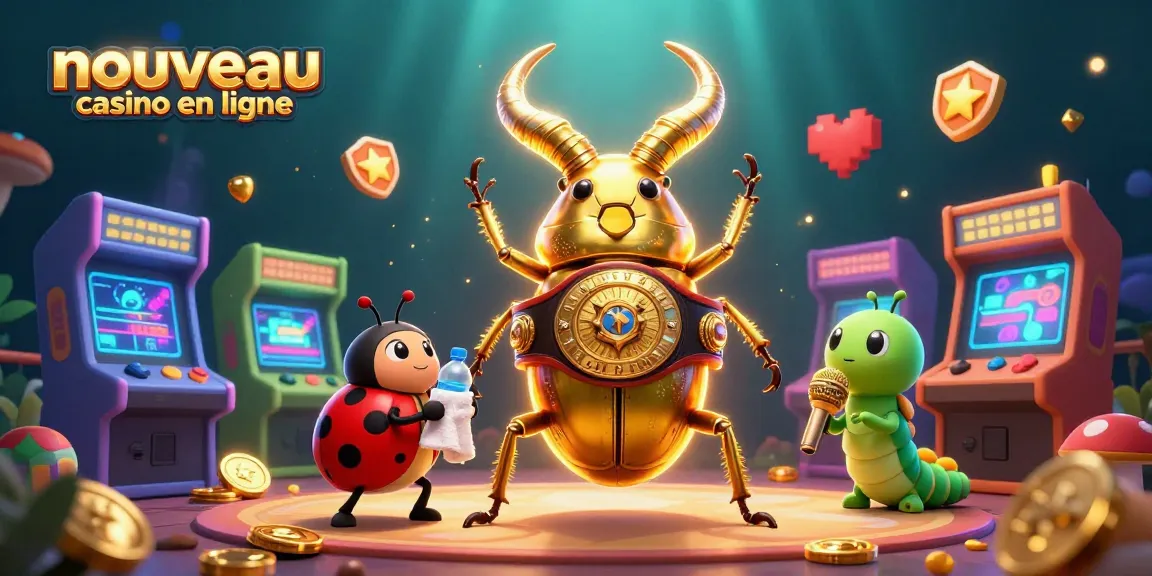 Illustration représentant un nouveau casino en ligne avec un scarabée géant en ceinture de champion, jeux colorés et éléments de jeu
