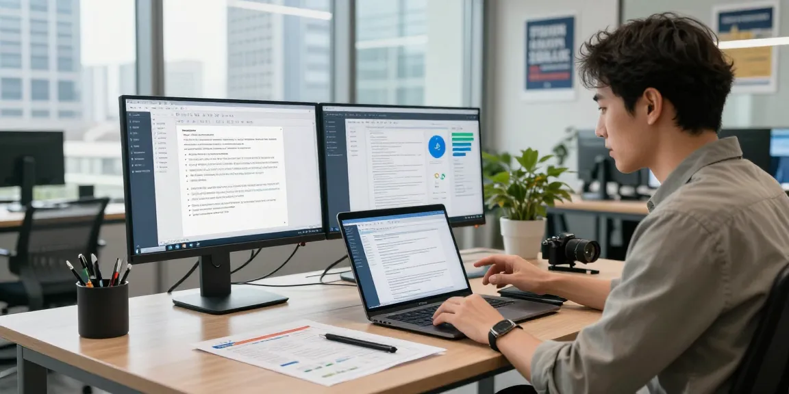 Data analyst using document fraud detection software in a modern office setting.