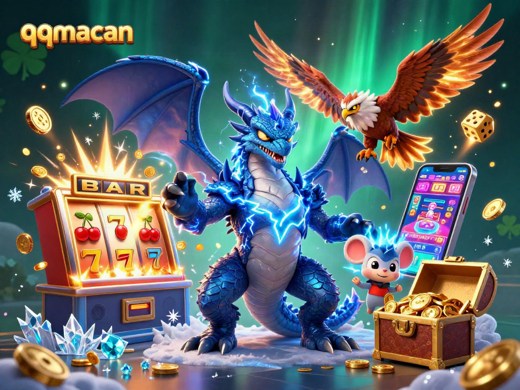 Experience thrilling jackpots and excitement with qqmacan's dynamic gaming scene featuring golden coins and vibrant characters.