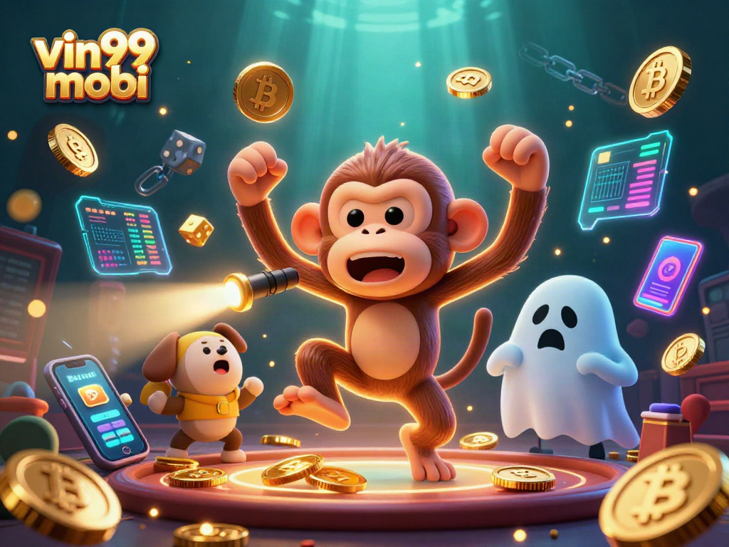 Engage with vin99 mobi as golden coins and a ghost-hunter puppy navigate a haunted casino
