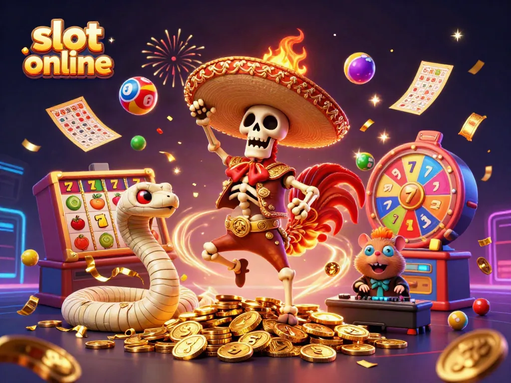 Experience thrilling slot online action with a vibrant scene featuring cartoon characters celebrating amidst dynamic casino elements.