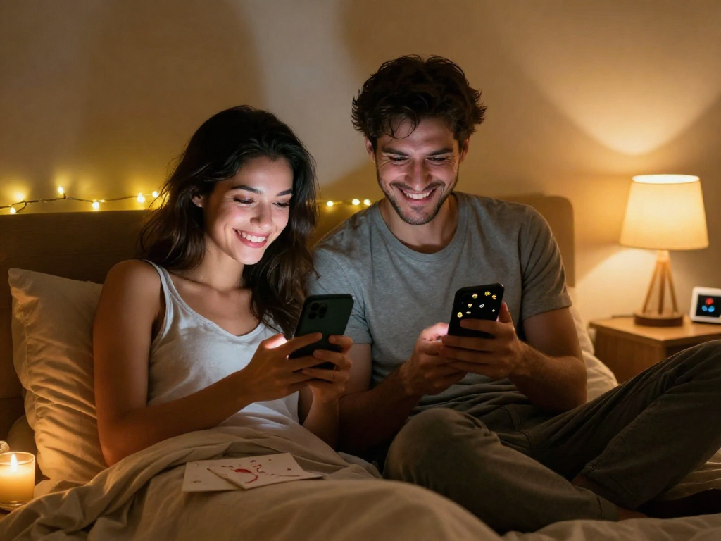 Couple enjoying ai sexting in cozy bedrooms, surrounded by fairy lights and playful emojis, showcasing modern intimacy.