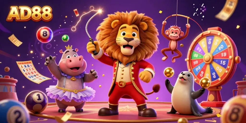 Dynamic AD88 casino illustration with lively characters and vibrant game elements.