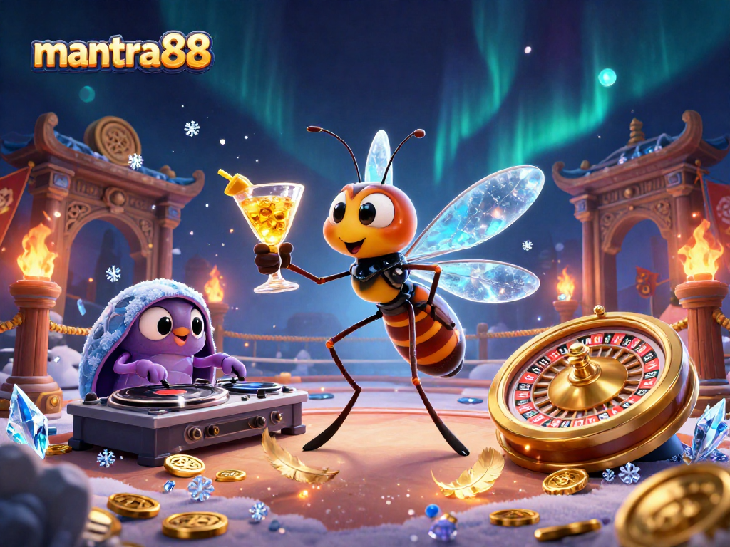 Play exciting games at mantra88 with a cartoon mosquito mascot and thrilling casino elements.