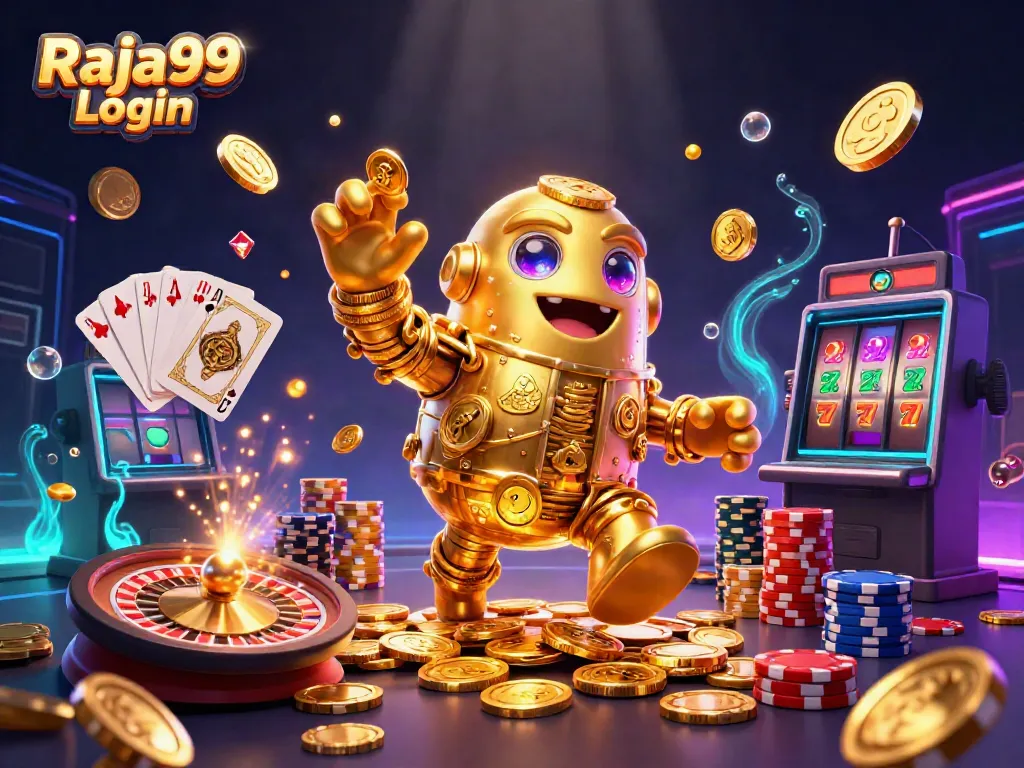 Raja99 Login dengan golem emas berputar dan simbol mesin slot, permainan judi menarik.