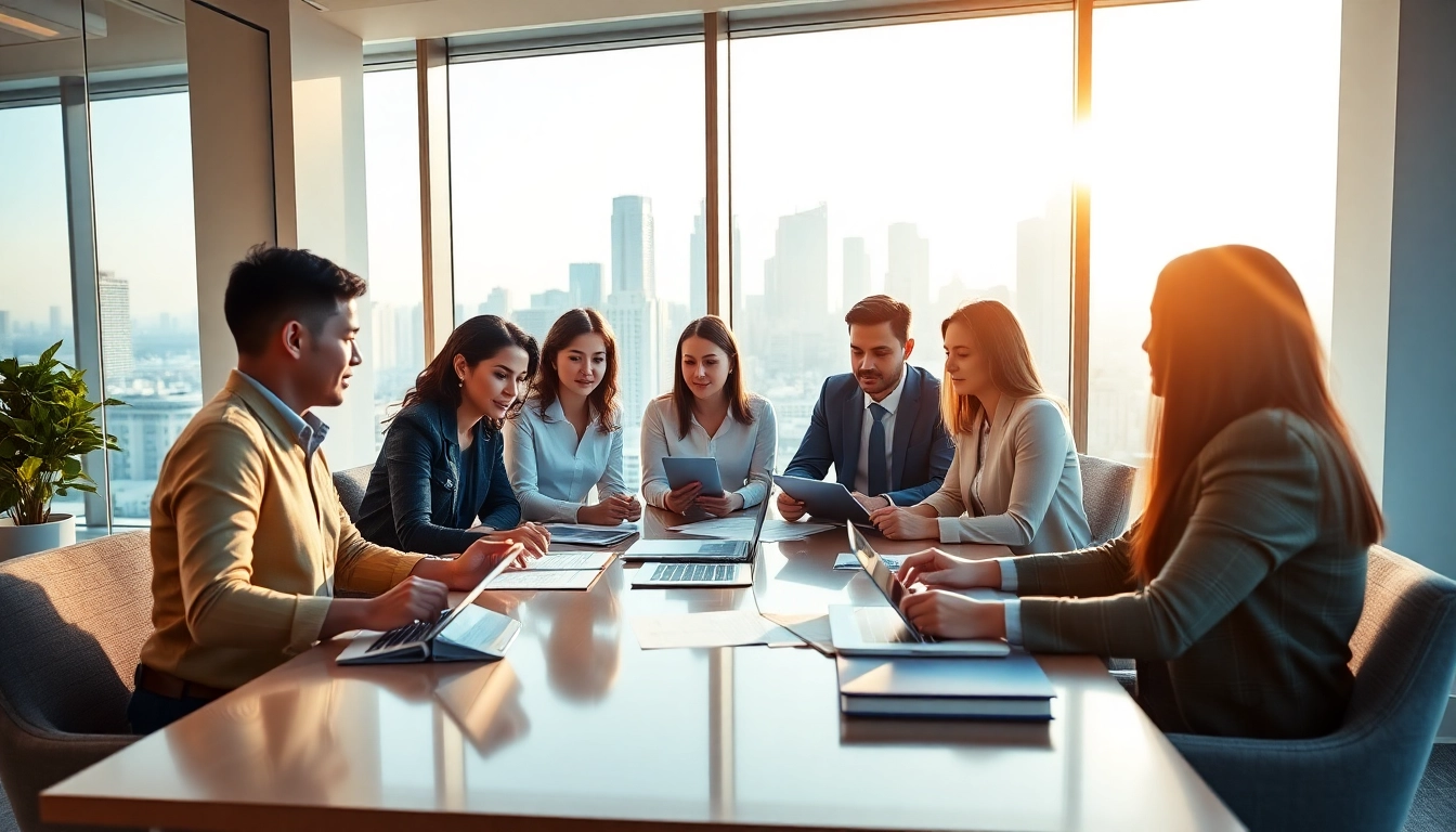 Engaged professionals from recruiting agencies collaborating in a bright, modern office.