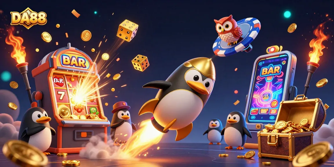 Experience the thrill of DA88 casino adventures with a rocket-powered penguin and jackpot excitement.