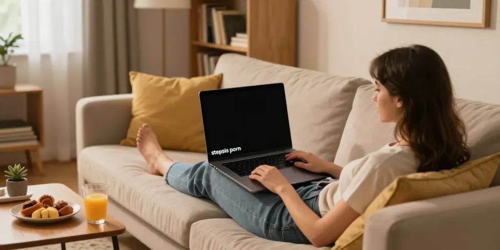 Engaging living room scene featuring a woman watching stepsis porn on a laptop, showcasing a cozy atmosphere.