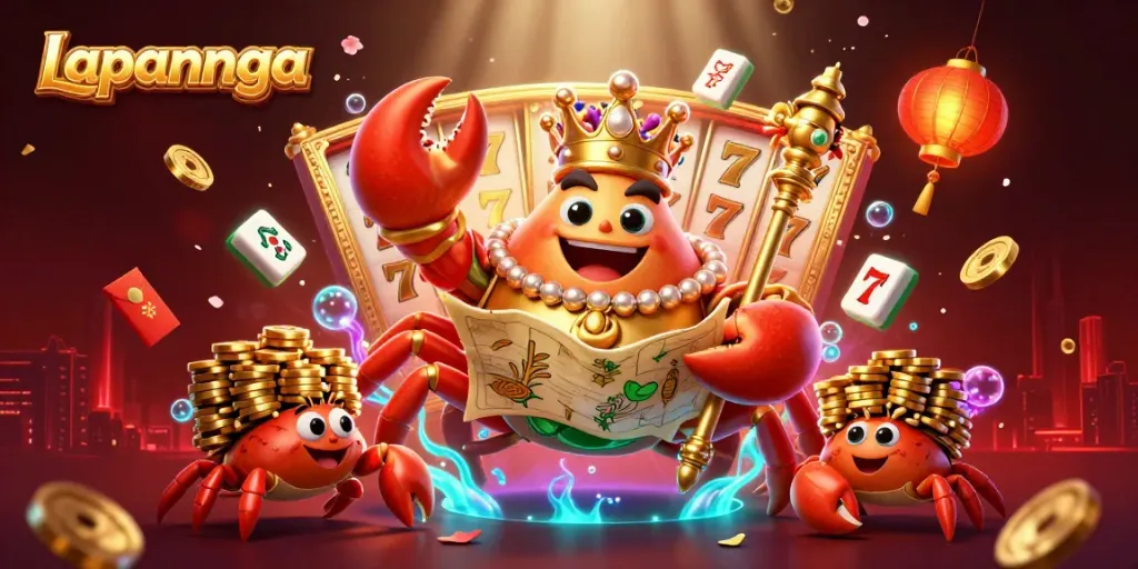 Experience excitement with Lapannaga's golden crab emperor illustration, adorned with treasures and symbols of gaming.
