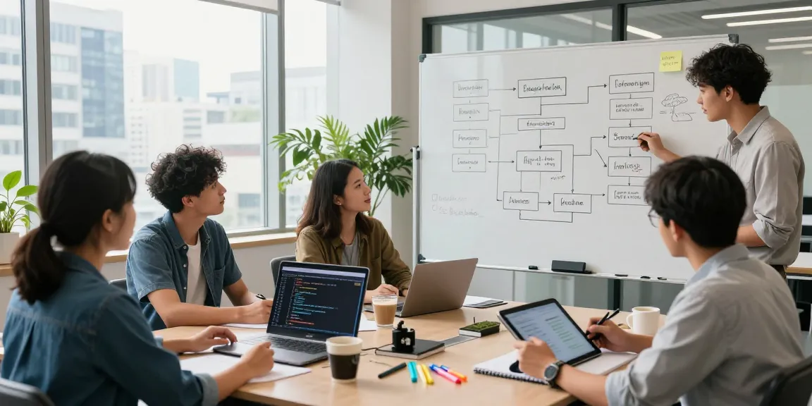 Collaborative team building internal tools with AI in a bright office.