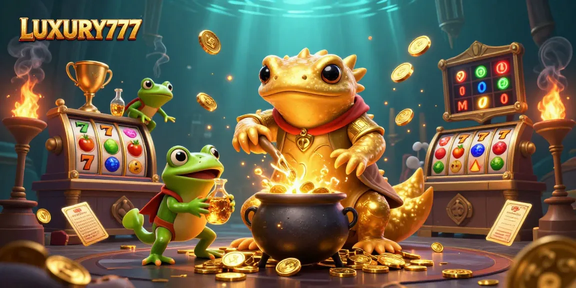 Permainan slot seru LUXURY777 dengan elemen alkimia dan koin emas berkilau.
