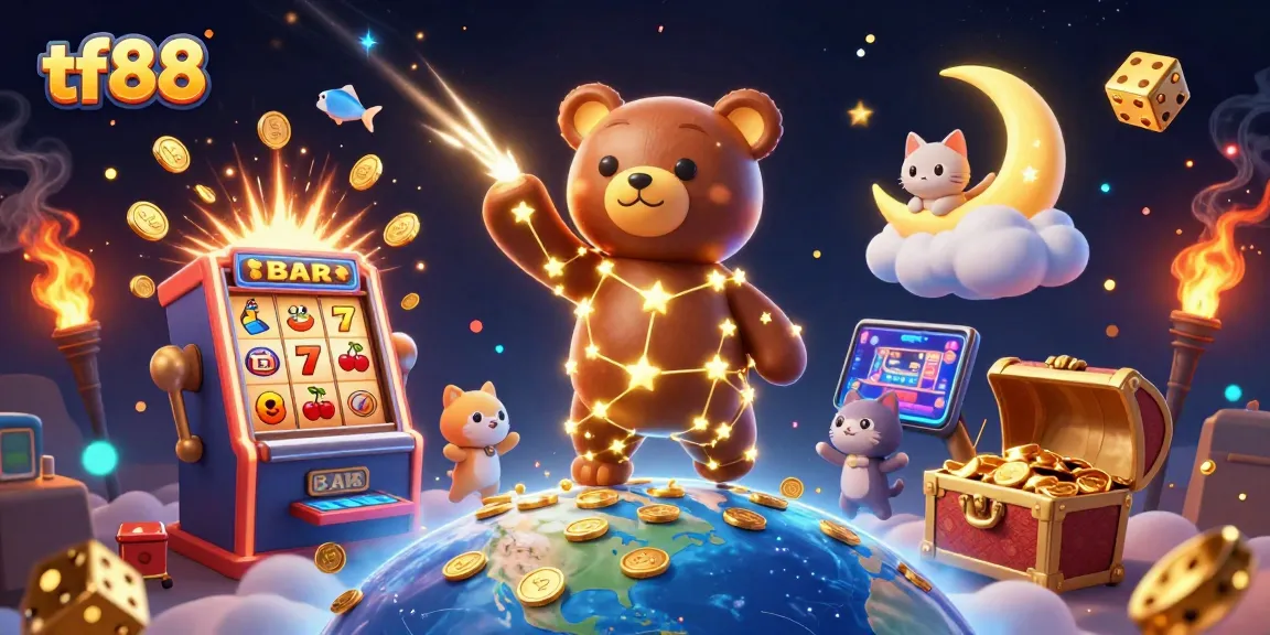 Experience winning moments with tf88 as the constellation bear scoops coins amidst vibrant casino elements.