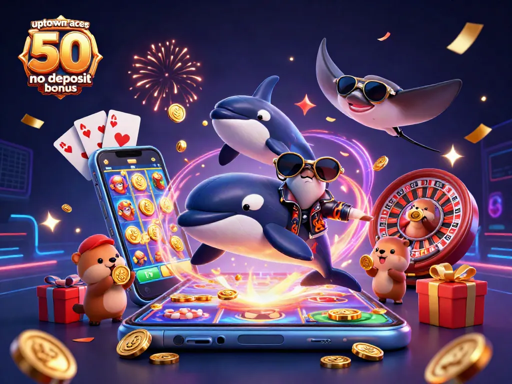 Claim the uptown aces 50 no deposit bonus while enjoying this vibrant casino scene with animated characters.