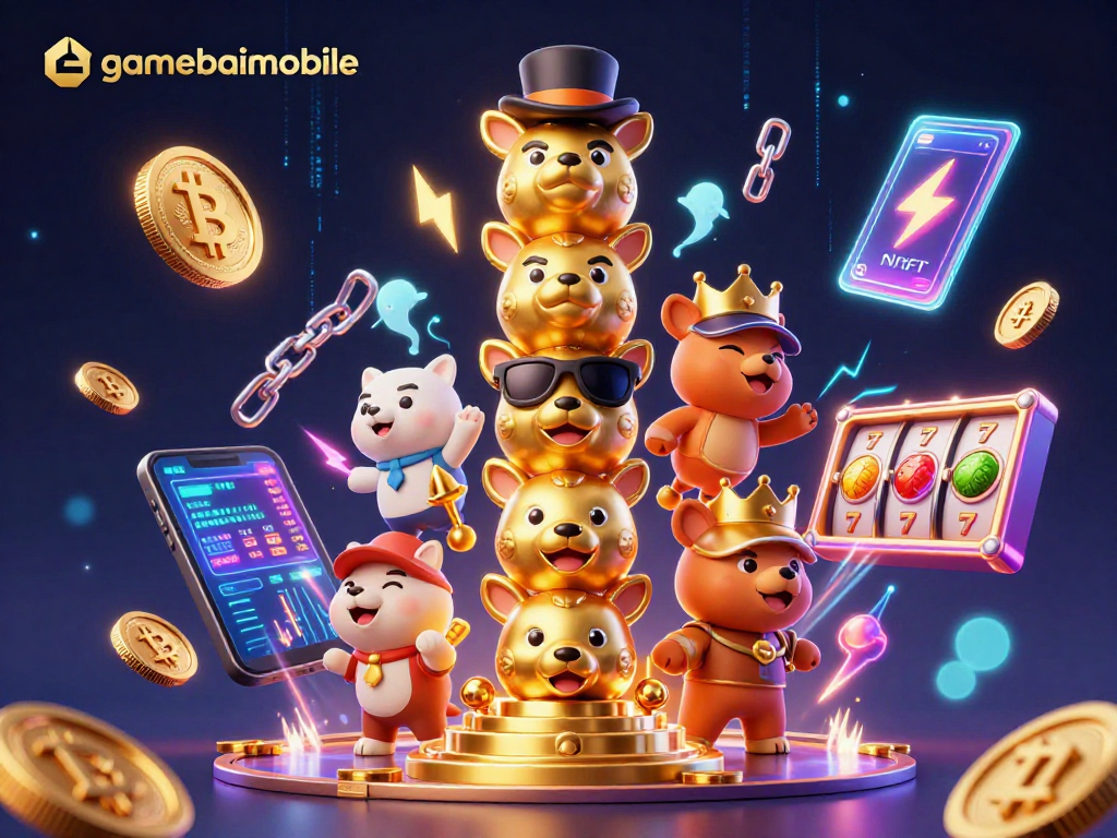 Engage with gamebaimobile in this vibrant 3D casino scene featuring animated slot reels and crypto elements.