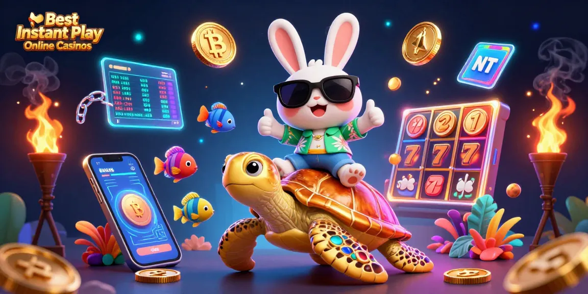 Experience excitement at the Best Instant Play Online Casinos with a thrilling 3D scene of a lucky rabbit and sea turtle.