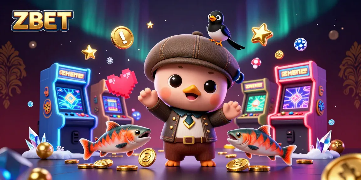ZBET offers an engaging casino experience with adorable characters in a vibrant scene filled with game elements.