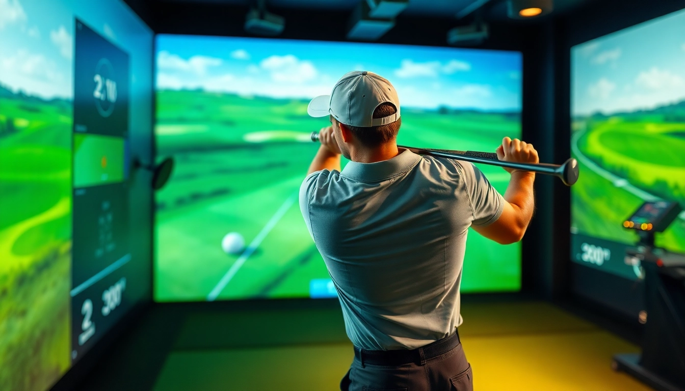 Golfer using a simulator to practice swings with high-tech features and visual data.