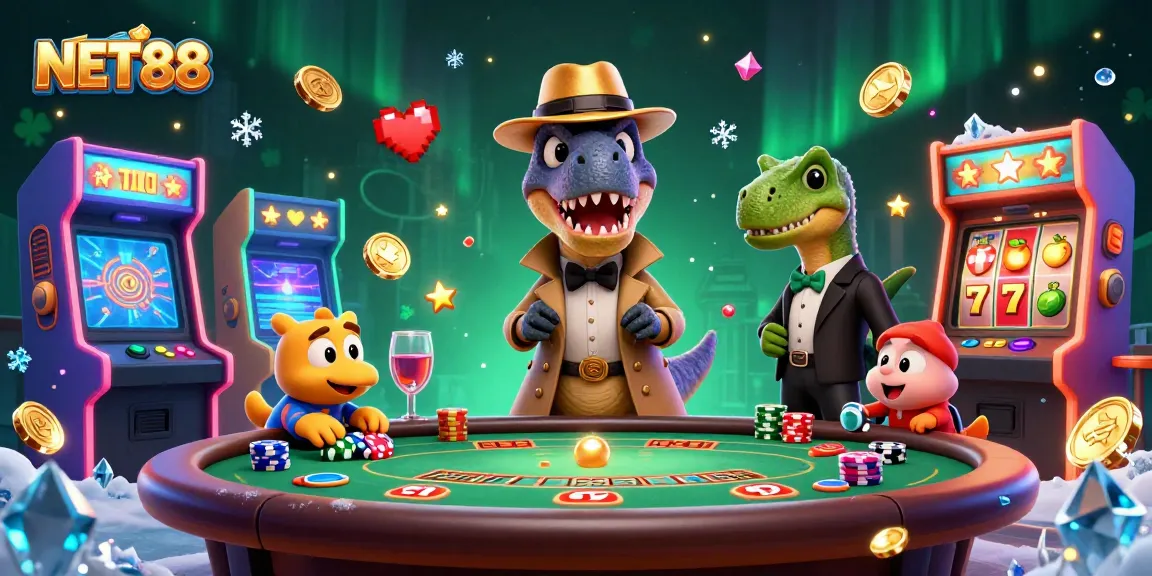 NET88 showcases a velociraptor card counter at a blackjack table, surrounded by casino excitement.