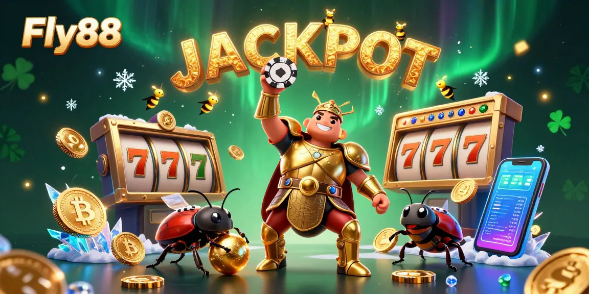 Experience the excitement of Fly88 with a dynamic gaming scene featuring a victorious beetle and vibrant slot elements.