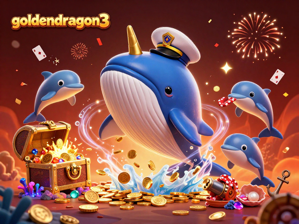 Experience thrilling wins with goldendragon3 as playful dolphins and a giant whale surround a treasure-chest explosion.