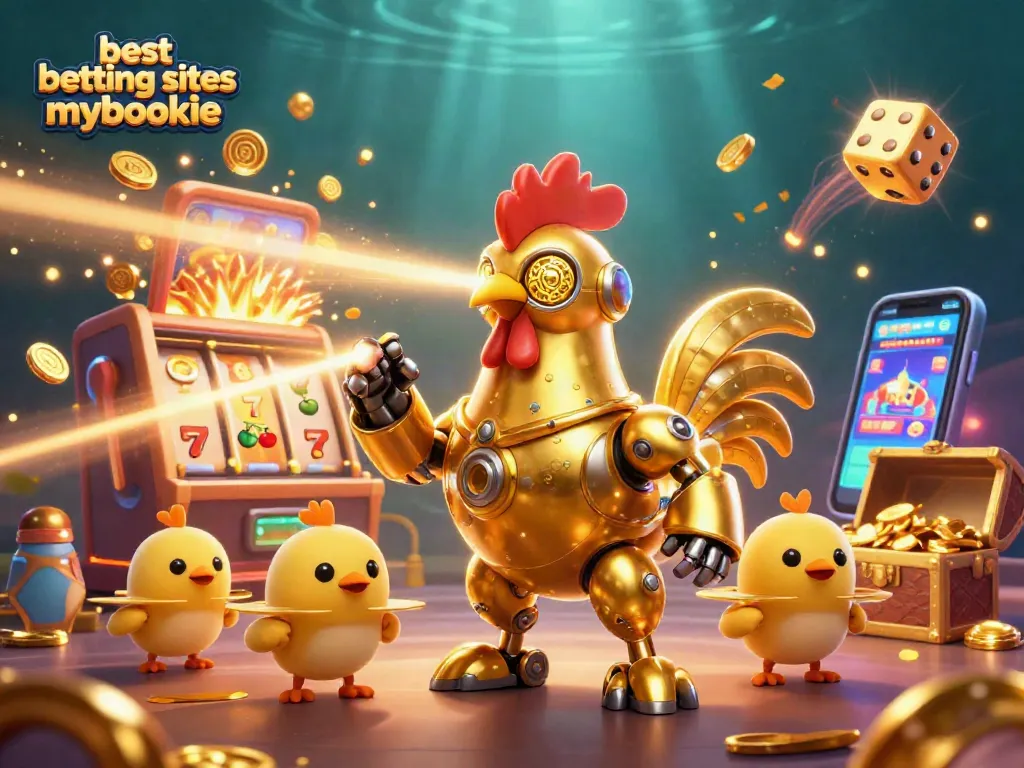 Experience the excitement of best betting sites mybookie with a dynamic gaming scene featuring a golden rooster robot and baby chick drones.