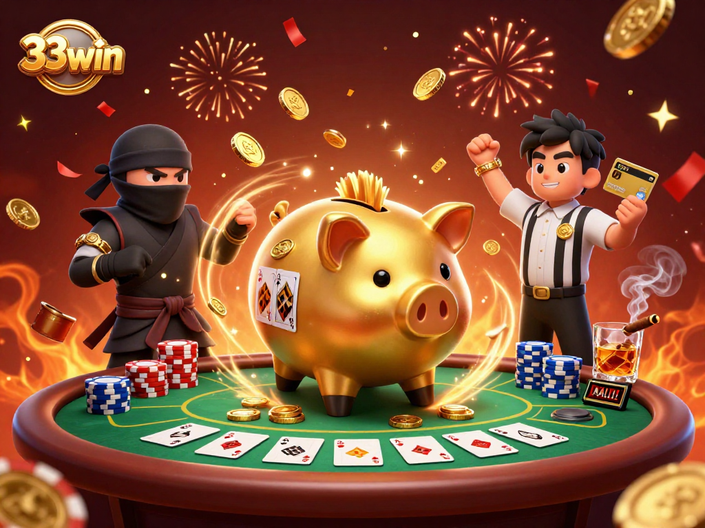 Experience thrilling action with 33win characters battling at a vibrant casino scene.
