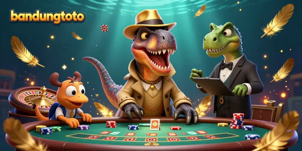 Experience thrilling gameplay with bandungtoto as a cartoon velociraptor counts cards at a blackjack table.