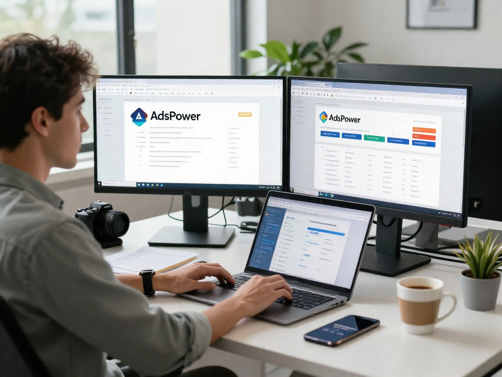 在https://adspowet.com网站展示的现代办公环境中，用户正在利用指纹浏览器管理多账号，展现高效团队合作。