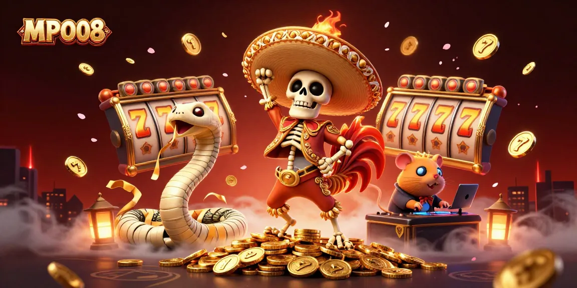 MPO08 features a triumphant mariachi rooster dancing on golden coins amidst dynamic slot game elements, creating a vibrant casino atmosphere.