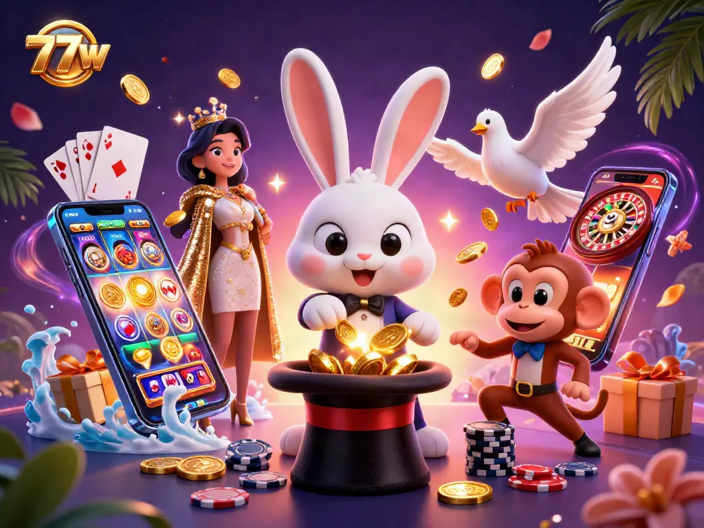 Engage with 77w slots featuring golden coins, poker chips, and spinning reels in a magical 3D illustration.