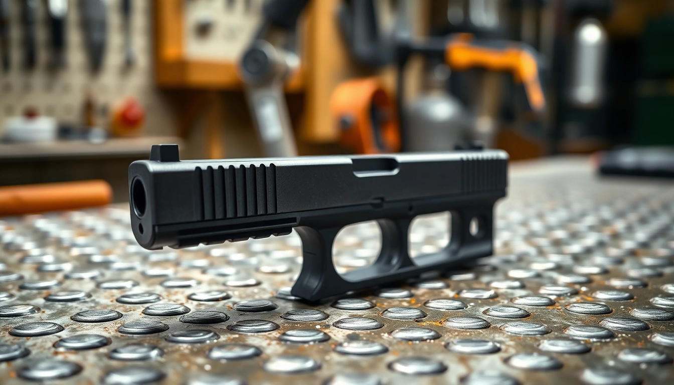 Showcasing an OEM Glock slide with precision detail in a professional workshop setting.
