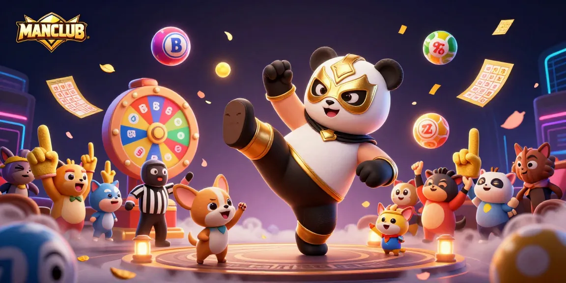 Engage in thrilling action at MANCLUB with colorful lottery balls, dynamic characters, and festive casino elements.