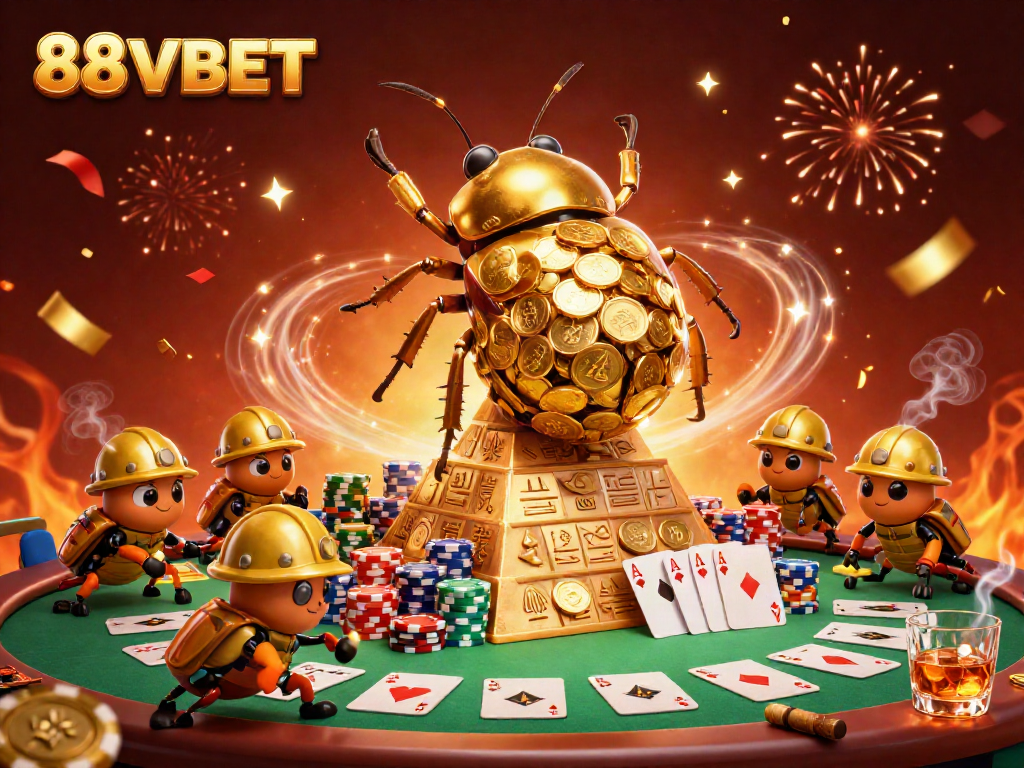 Engage with thrilling moments at 88VBET as golden beetles roll coins and casino elements surround them.