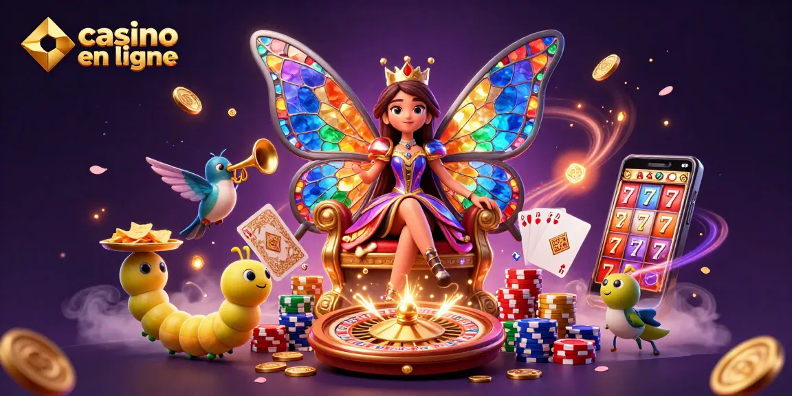 Profitez de l'excitation du casino en ligne avec une reine des papillons entourée de pièces d'or et de cartes.