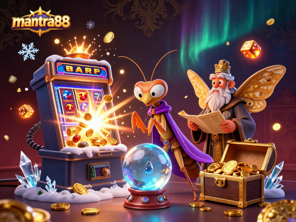 Engage with mantra88 slots as a fortune teller reveals jackpot secrets amidst a vibrant casino scene.