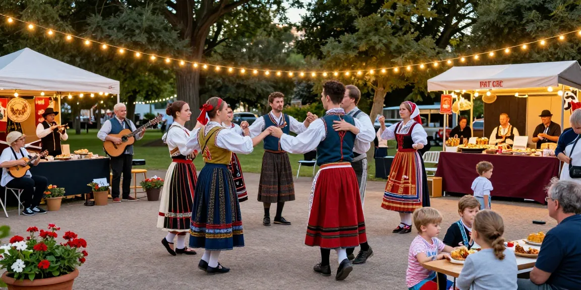 Cultural event showcasing m98 heritage with traditional Breton costumes and live music in a lively park setting.