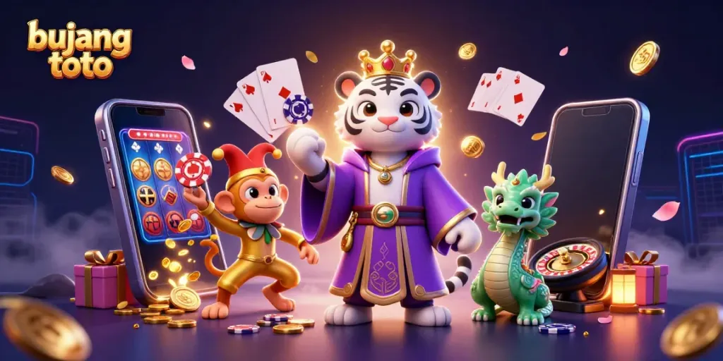 Bujang toto features vibrant gambling elements with a lively white tiger and a jester monkey.