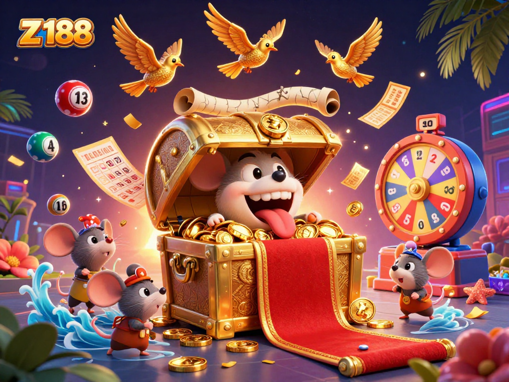 Engage with the thrilling world of z 188's online casino, featuring vibrant lottery elements and treasure chests.