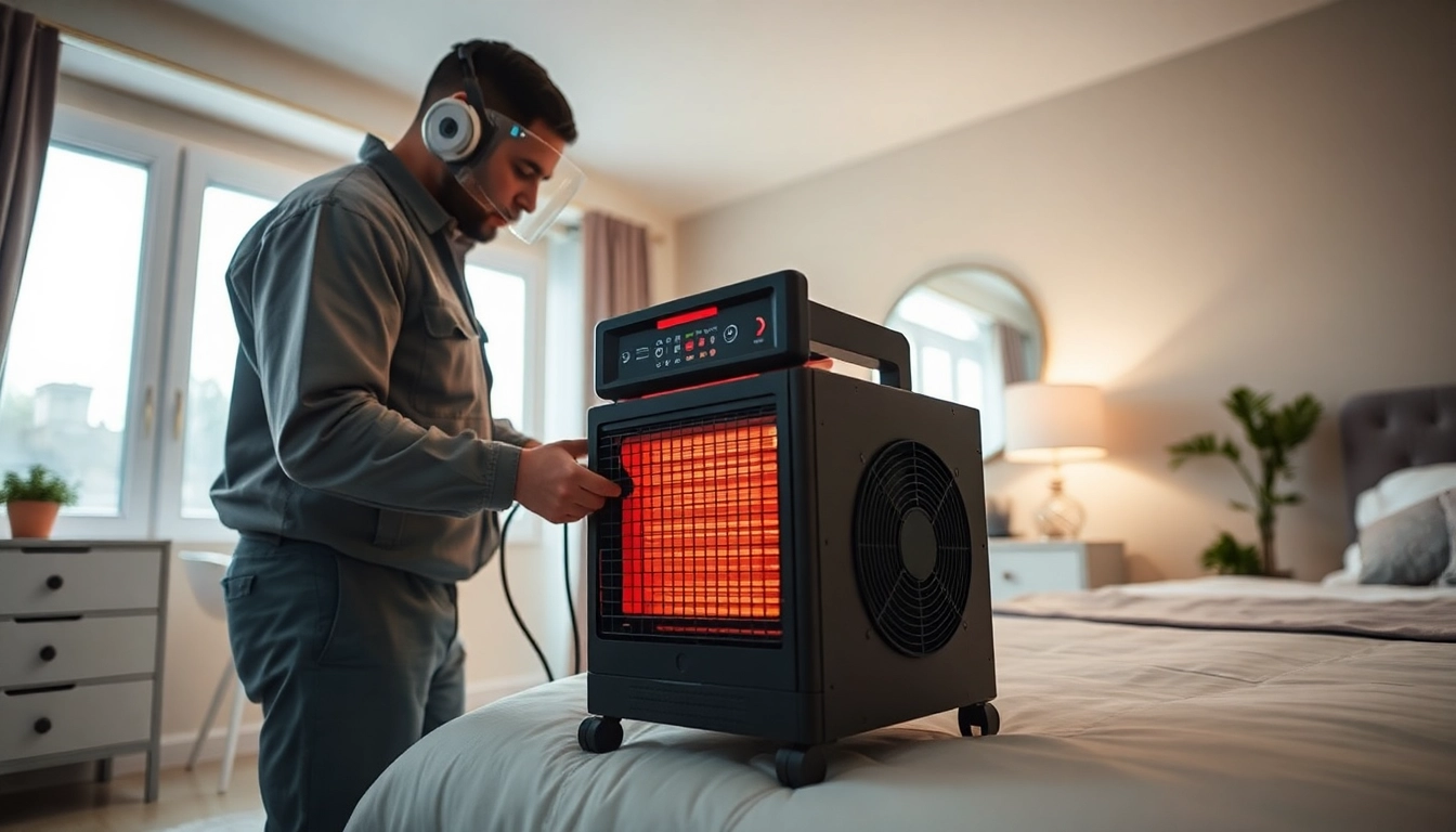 Technician performing bed bug heat treatment in a bright modern bedroom setup.