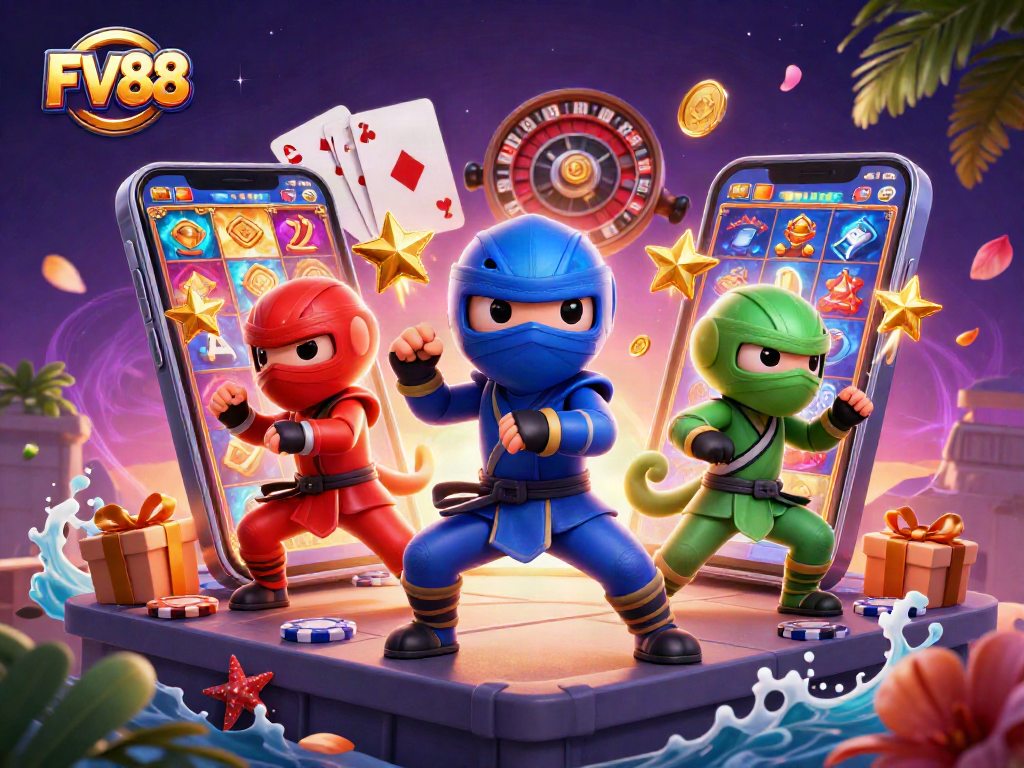 Experience thrilling gameplay with FV88's vibrant casino illustrations featuring exciting game elements.