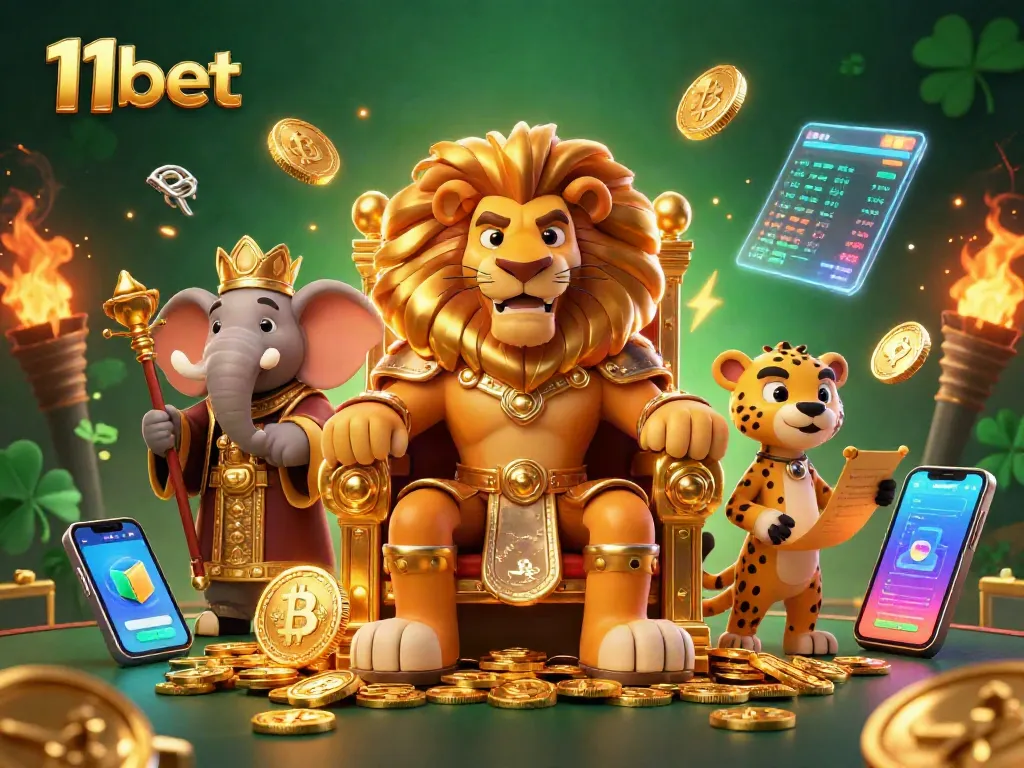 Experience epic wins at 11bet, with a vibrant 3D casino scene featuring a lion king, elephant, and cheetah.