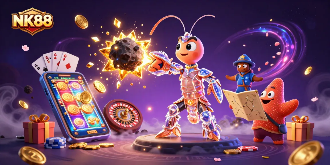 NK88 offers an exciting galactic casino experience with vibrant games, golden coins, and dynamic characters.