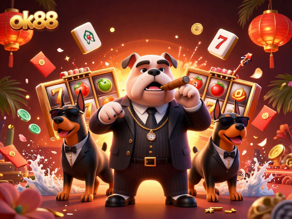 Experience the excitement at ok88 with dynamic slot reels spinning alongside a mafia boss and bodyguards.