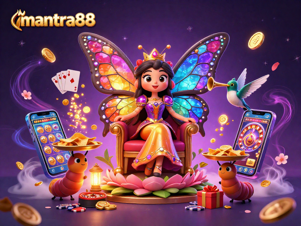 Experience the magic of mantra88 with a vibrant 3D casino scene filled with games and excitement.