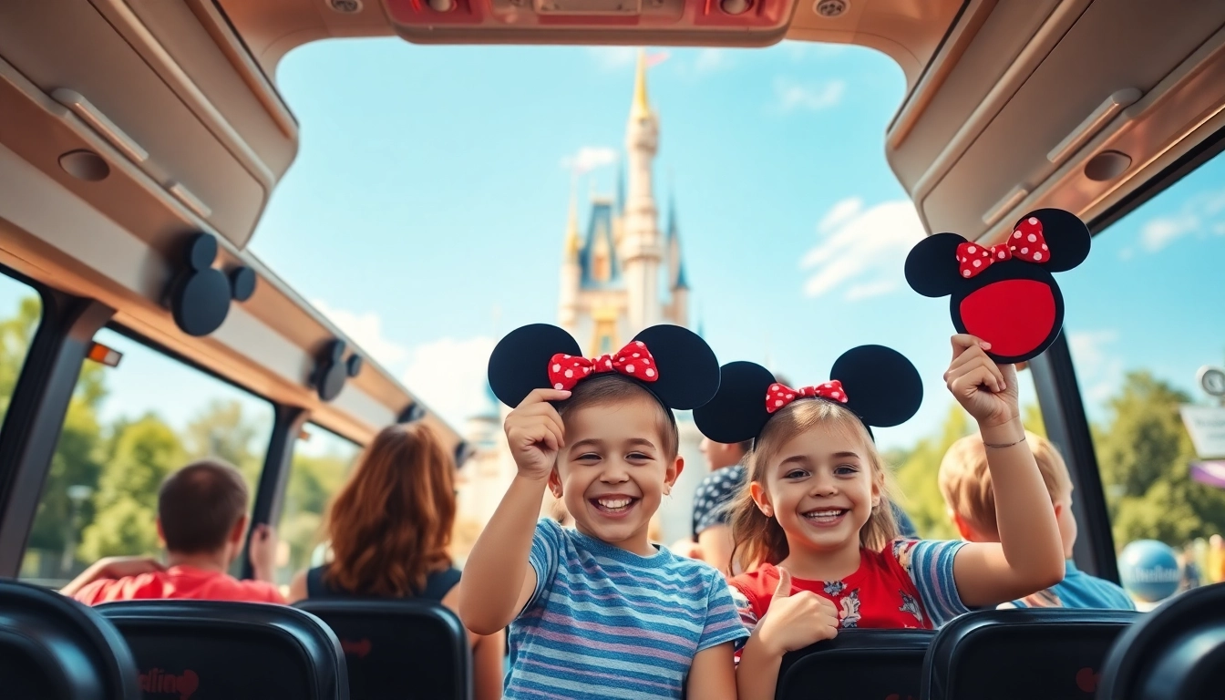 Families enjoying a disney paris airport transfer, arriving at Disneyland's entrance with excitement.